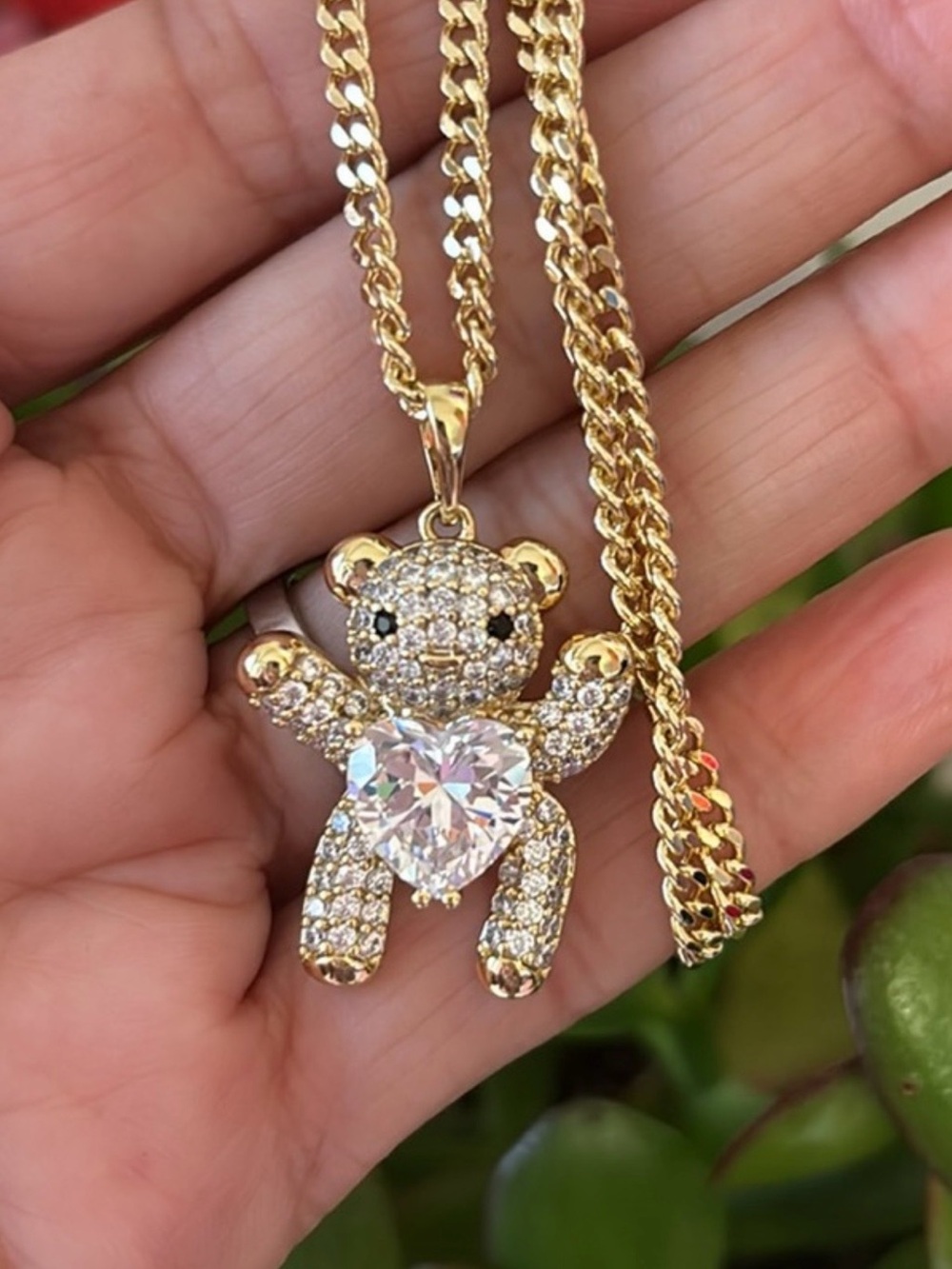 Gold Teddy Bear Pendant Necklace with Heart CZ